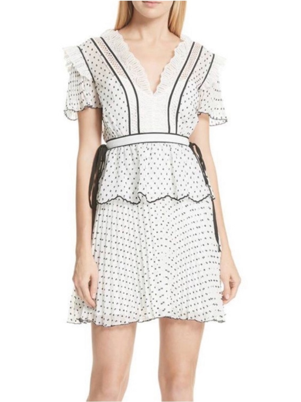 Self-Portrait White Dress with Black Polka Dot and Lace Trim